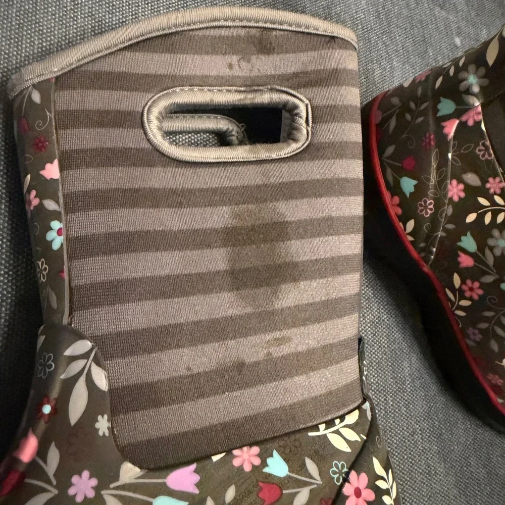Kids Waterproof‎ Floral Striped Rain Boots with Pull Handles Gray Pink Size 11